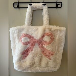 Cream Faux Fur Tote Bag W/Pink Bow Motif by Bow Fancy TikTok Viral TJMaxx